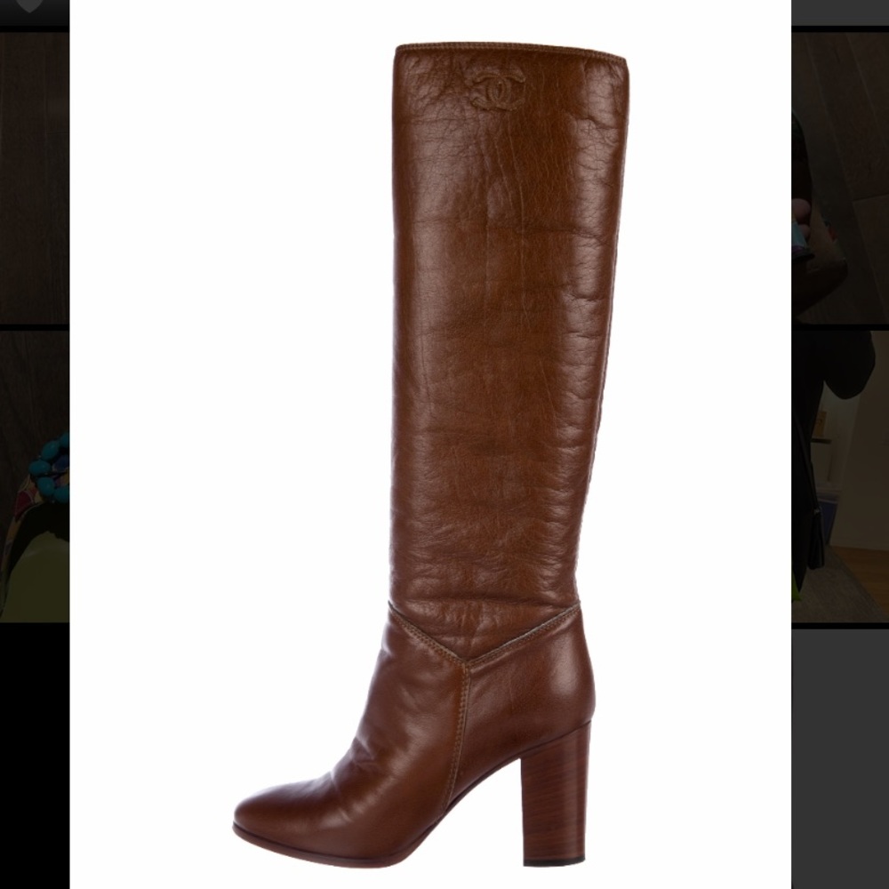 CHANEL Leather Knee High Brown Boots